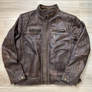 VTG Real Leather Distressed Brown Motorcycle Moto Biker Jacket Quilt Patchwork L